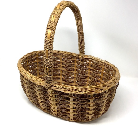 French Country Vintage Handwoven Wicker Basket Sweetgrass & Rattan Rustic Market